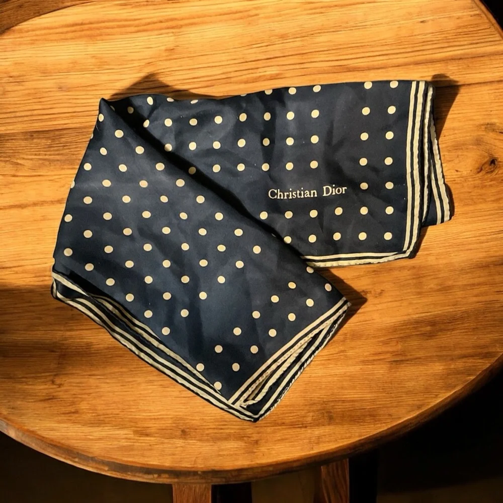 Christian Dior Blue and Gold Polka Dot Scarf